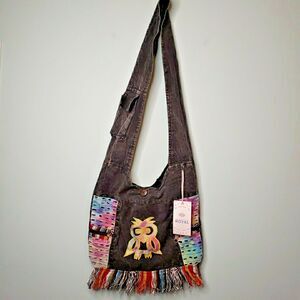 Tie Dye Owl Crossbody Hobo Bag Large Denim Purse Fringed Travel Handmade Nepal